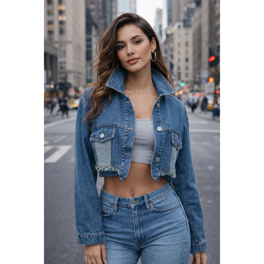 AKIRA Cropped Denim Jacket Raw Hem Distressed Patchwork Blue Jean Jacket SIZE M